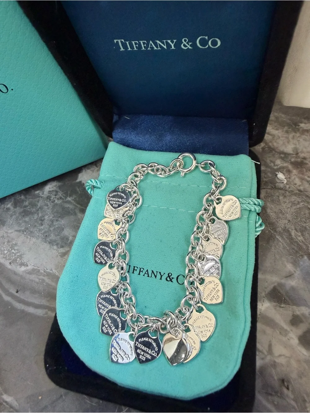 Tiffany & Co. Sterling Silver Multi-Heart Charm Bracelet with Signature Blue